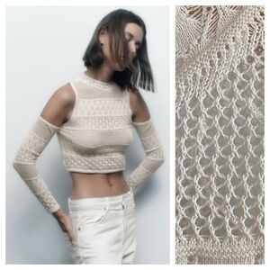 Zara Cream Pointelle Knit Crochet Cutout Long Sleeve Crop Top